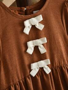 Váy dài tay nơ xinh xắn cho bé gái mùa thu thời trang thường ngày quần áo mùa xuân cho bé gái - Màu Khaki - Xem 5