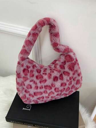 1个豹纹毛绒手提包，多功能腋下休闲托特包，女士零钱包