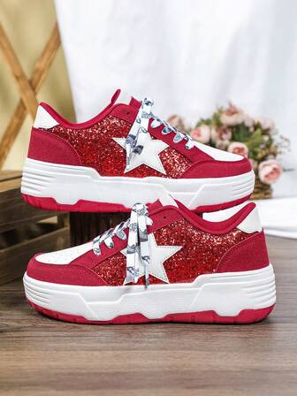 Red Shoes, And Festive Wedding Shoes, Lightweight And Soft, Suitable For All Seasons, PU Leather Combined With Glitter Upper, Star Embellishment Details, Couple Sizes Available, Shiny And Stylish Skate Shoes.