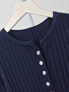 修身纽扣针织毛衣，百搭长袖套头衫，韩版风格 - 藏蓝色 - 查看 8