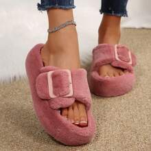Women's Soft Fuzzy Platform Slippers – Warm & Cute Slide Sandals With Buckle Accent For Daily Home, Lounging & Casual Wear - Màu Hoa hồng đỏ - Xem 9