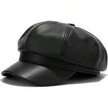 Women's PU Leather Newsboy Cap 8 Panel Paperboy Newsie Cap Bakerboy Beret Cabbie Hat, Fashionable Headwear - 黑色 - 查看 1