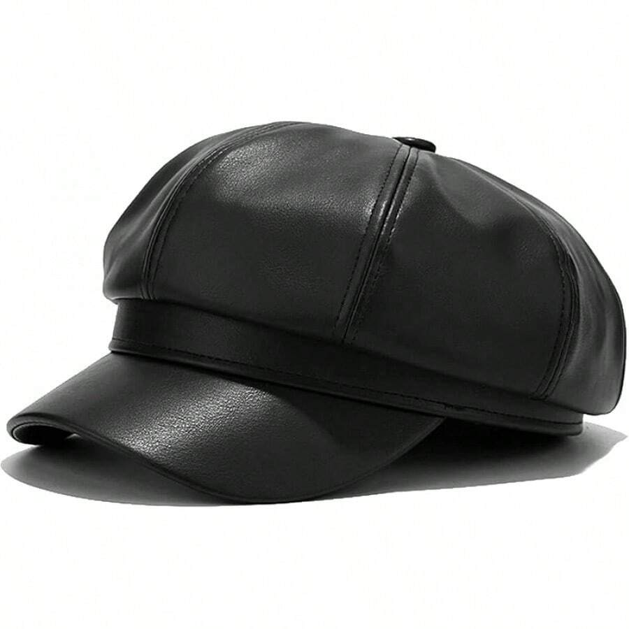 Women's PU Leather Newsboy Cap 8 Panel Paperboy Newsie Cap Bakerboy Beret Cabbie Hat, Fashionable Headwear - 黑色 - 查看 1
