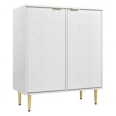 2-Door Sideboard, Chest Of Drawers, Entryway Furniture, Suitable For Living Room, Bathroom And Bedroom, Gold-Plated Legs And Handle, Floral Pattern, Lacquered Finish, Impact-Resistant Corner Design, 3 Shelves, 6 Compartments, 75cmW X 40cmD X 90cmH, White