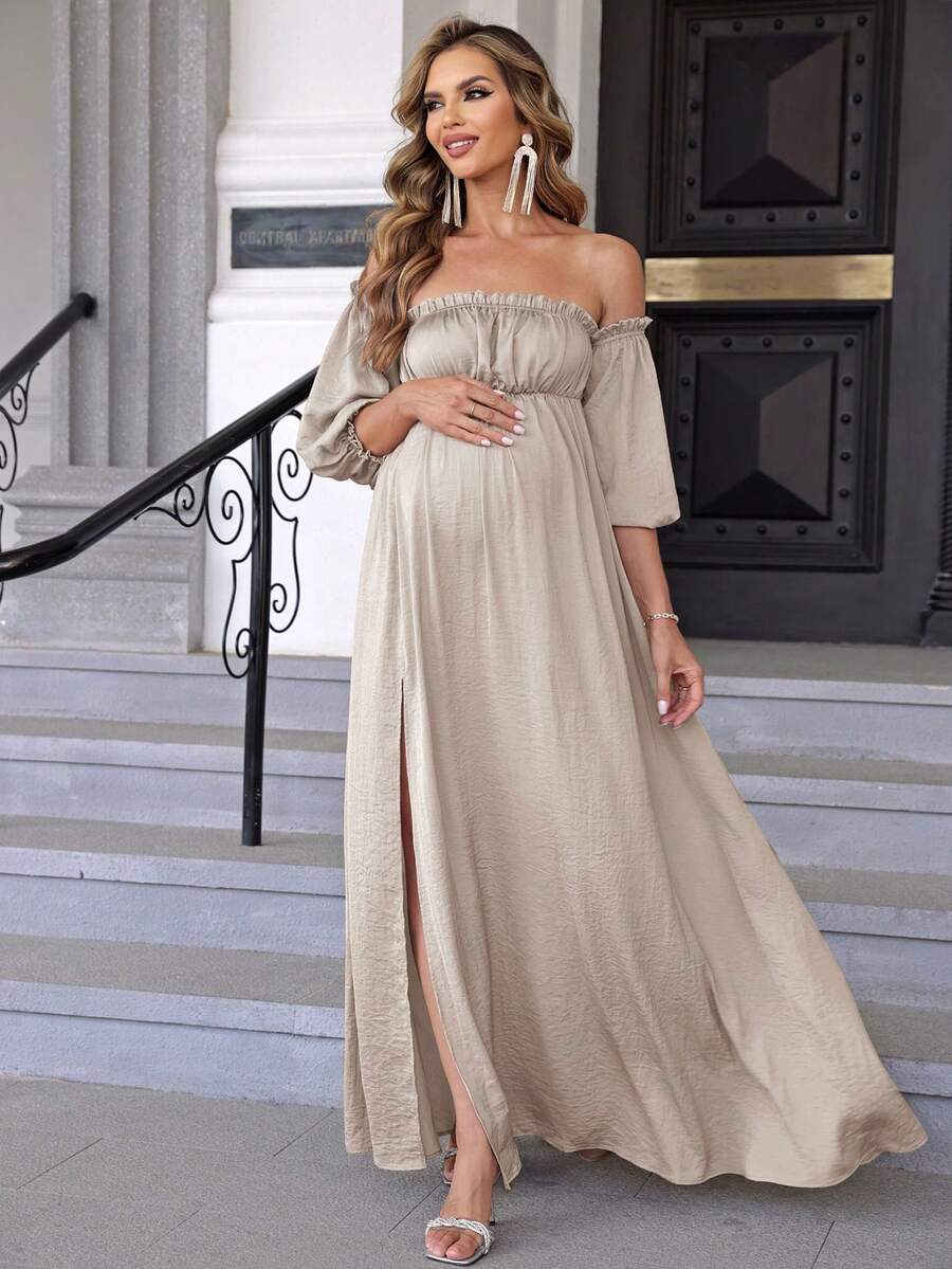 Joyfunear Maternity Fashionable Solid Color Off Shoulder Slit Robe Dress - Apricot - View 1