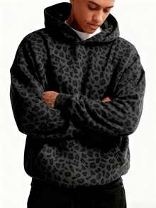 Leopard Print Hoodie For Men, A Versatile Streetwear Style Top For Autumn, Drop-Shoulder Long-Sleeved Hooded Pullover With Pockets, Suitable For Parties, Festivals, And Everyday Wear. - 黑色 - 查看 2