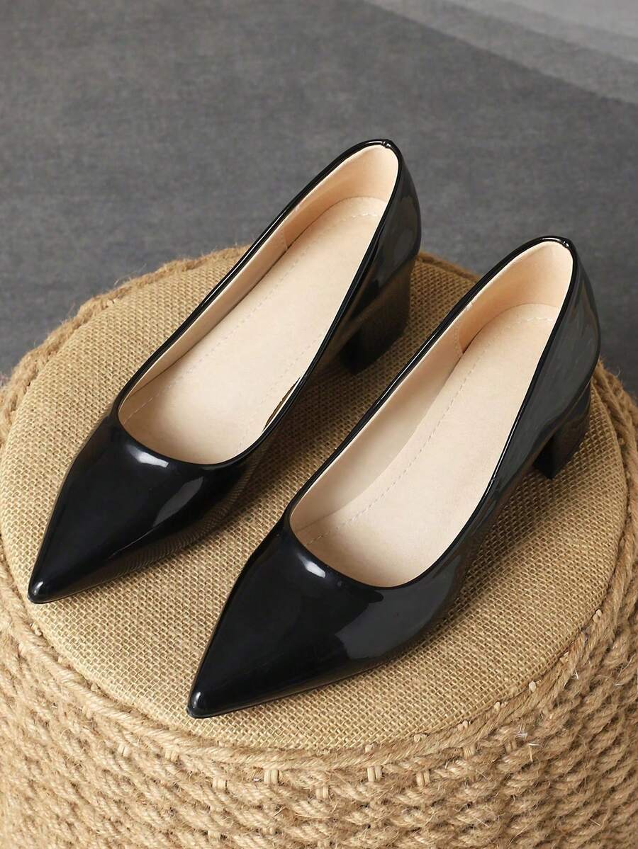 Giày cao gót mũi nhọn đế dày cho nữ, giày công sở cổ điển đế thấp, giày bệt trang trọng bằng da bóng màu trơn - màu đen - Xem 1