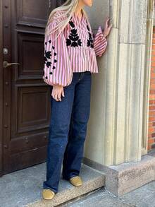 1 pieza Camisa suelta y cómoda con diseño de estampado de colocación elegante y casual para mujer, estilo bohemio de bloques de color a rayas para uso diario, ir al trabajo, brunch, festivales de música, primavera/otoño - Rosa - Ver 3