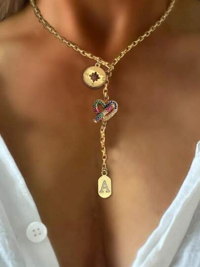 1pc STYLEVER Gold Letter Pendant Necklace With Heart Charm And Stainless Steel Chain, Suitable For Work, Daily Life, Party, Banquet And Ball, Unique And Luxurious Women's Necklace