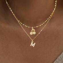 مجموعة من قلادتين 2 قطعة، قلادة بحرف أولي مرصعة بالزركونيا على شكل كرز، سلسلة معدنية مطلية بالذهب، قلادة طبقات للنساء - ذهبي أصفر - مشاهدة 1