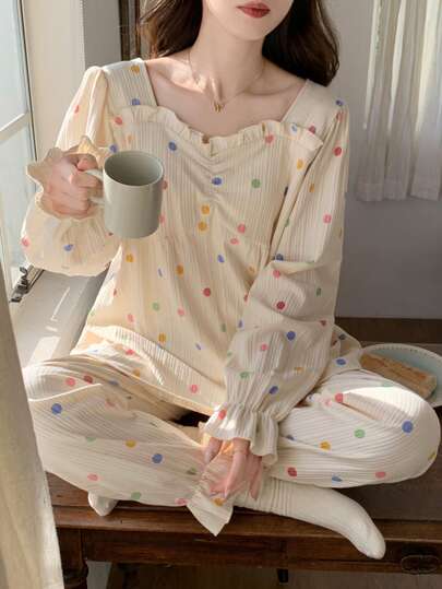 Women's Polka Dot Print Pajama Set, Long Sleeve Top And Long Pants Two Pieces Matching Set, Casual Korean Style, Pants Can Be Worn Outerwear, New Loungewear