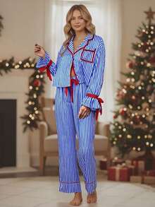 Womens Striped Pajama Set Long Sleeve Button-Up Crop Tops Bow Long Pants 2 Piece Sleepwear Outfit - 藍色 - 查看 3