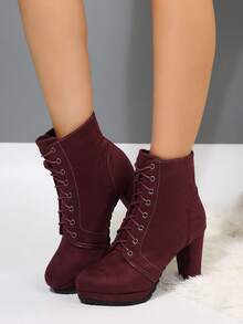 粗跟、圆头、短筒、系带、高跟鞋、高防水厚底、简约时尚、百搭女士高跟鞋、冬靴、酒红色高跟鞋 - 酒紅色 - 查看 3