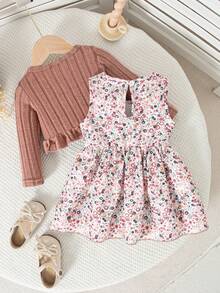 秋冬女婴可爱粉色毛绒荷叶边开衫和无袖花卉领结连衣裙两件套 - 藕粉色 - 查看 2