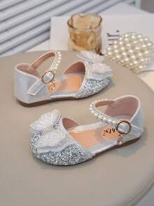 1 Pair Girls' Sandals With Pink Color, Crystal, Pearl, Bow Decor, Gliiter PU Patchwork Round Toe Flat Sandals, Suitable For Daily Wear, Dance, Outdoor, Festivals, Parties, Glitter Decorated Princess Shoes, Suitable For Spring, Summer, Autumn - Silver - View 7