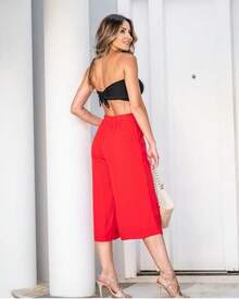 Pantacourt Viscose Linen / Capri Pants / With Belt, Pocket, Summer. - Red - View 1
