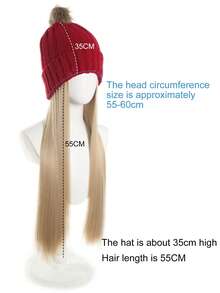 女士合成假发一体式针织帽，耐热长直发，保暖内衬冬季帽，打造时尚造型（黑色/金色/米色/红色）