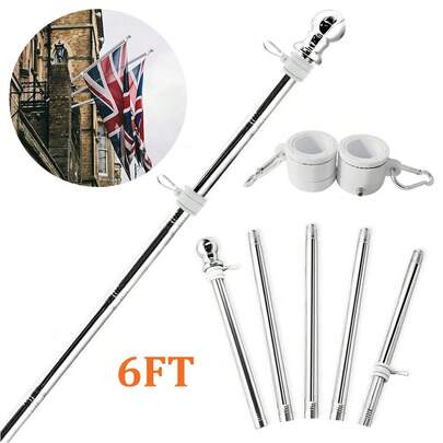 6 FT Sectional Flag Pole Kit For Outside House,Stainless Steel Metal Flag Poles 360° Free Wall Mounted Heavy Duty Flagpole Free For Garden Yard Porch Roof Walls