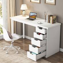 Tribesigns 47 Inches Computer Desk With 5 Drawers, Rustic Brown Home Office Desk With Storage, Modern Simple Laptop Desk Study Writing Table For Small Spaces, White - trắng - Xem 4