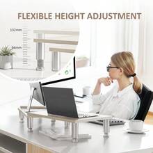 Dual Monitor Riser - Adjustable Length And Angle Wooden Stand For 2 Monitors With Storage - Oak - View 2