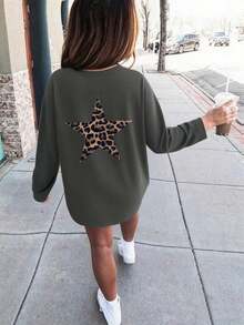 Tween Girl Leopard Print Star Graphic Round Neck Long Sleeve T-Shirt, Autumn/Winter Top - Dark Grey - View 1
