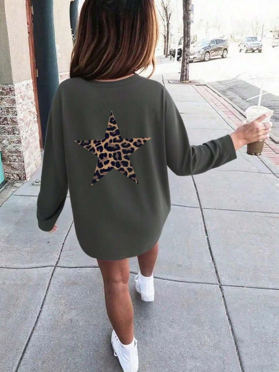 Tween Girl Leopard Print Star Graphic Round Neck Long Sleeve T-Shirt, Autumn/Winter Top - Dark Grey - View 1
