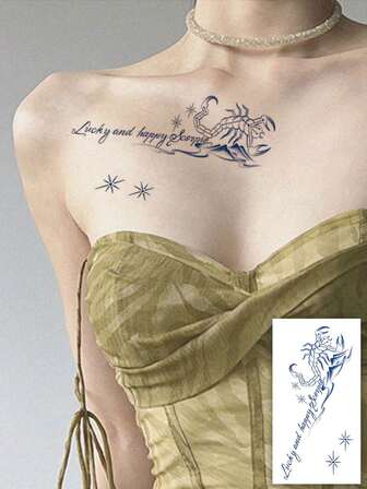 1张草本纸质持久临时纹身贴纸，时尚星座动物蝎子星月英文文字纹身贴纸，手臂、腿部、胸部防水不反光纹身贴，男女通用，适用于腹部、背部、小腿、颈部 - 草本提取物汁液纹身逼真，易于粘贴，可在皮肤上保持7-14天