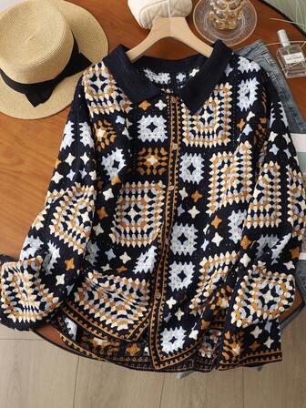 Siren Gaze 女士修身开襟针织衫 - 秋季新款独特设计宽松钩针毛衣外套，纽扣前襟长袖衬衫领常规下摆休闲节日风轻薄针织外套，舒适日常秋冬女装时尚上衣