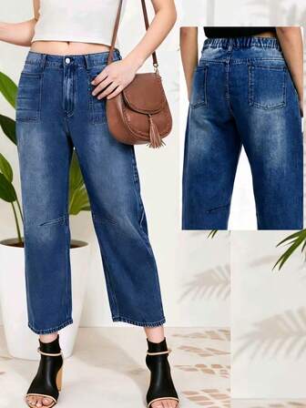 Summer Outfit Blue High Waisted Jeans Straight Leg Daily Plus Size Elegant Casual Outfit For Women Cropped Pants
