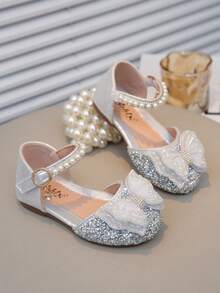 1 Pair Girls' Sandals With Pink Color, Crystal, Pearl, Bow Decor, Gliiter PU Patchwork Round Toe Flat Sandals, Suitable For Daily Wear, Dance, Outdoor, Festivals, Parties, Glitter Decorated Princess Shoes, Suitable For Spring, Summer, Autumn - Silver - View 5