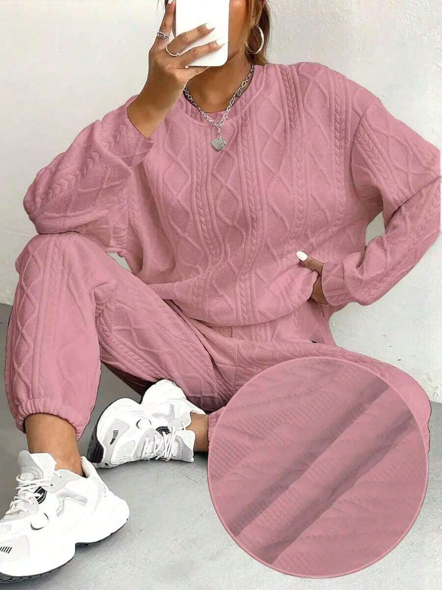 Relaxed Texture Pullover Pants, Long-Sleeved Round-Neck Sportswear And Jogging Pants Combination, Women's Clothing, High-Quality Textured Casual Pullover Set, Releasing A Sense Of Relaxation And Ease - 粉色 - 查看 1