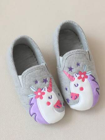 Girls' Unicorn Indoor Slippers With Star & Flower Decor, Quiet Slip-On Shoes For Hardwood Floors, Suitable For Spring & Autumn