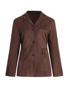女士休闲西装外套，仿麂皮面料，长袖，宽松版型 - 棕色 - 查看 3