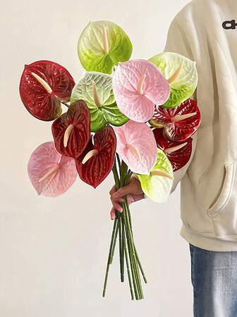 3/1 pieza Flores de Anthurium artificiales, textura realista, adecuadas para decoraciones de centro de mesa, bodas, Día de San Valentín, decoraciones navideñas, flores artificiales para interiores y exteriores, decoraciones de habitación burdeos, accesorios para ramos de novia, decoraciones de habitaciones, oficinas, fiestas y decoraciones de dormitorio.