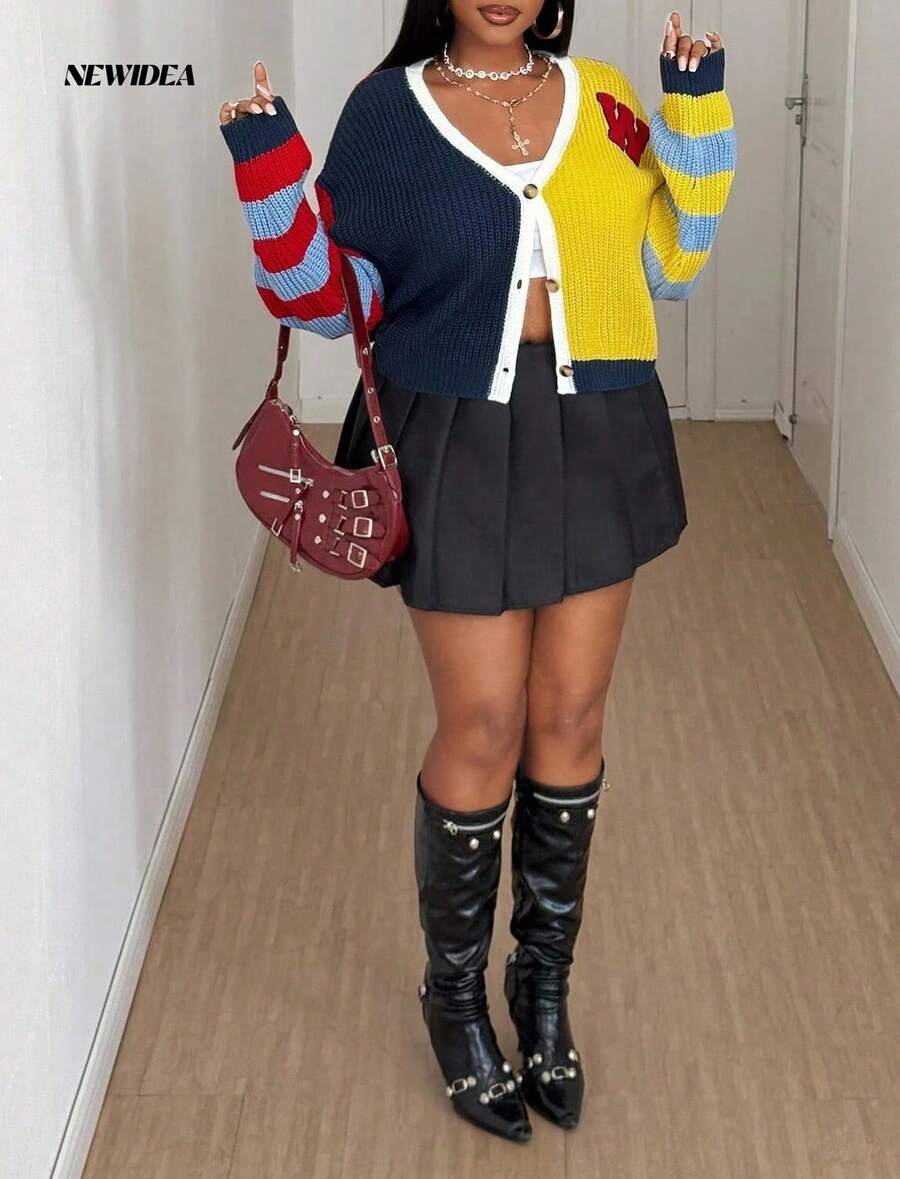 女士时尚撞色罗纹针织开衫，V领长袖，纽扣设计，罗纹细节，高弹舒适面料，适合秋冬季感恩节、新年、休闲聚会、办公室通勤、周末外出等场合。