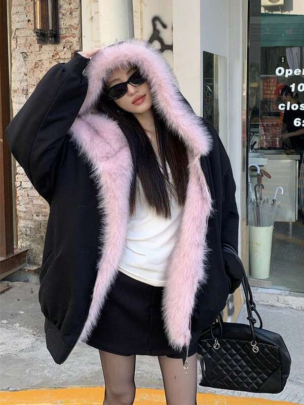 여성용 양면 후드형 따뜻한 패딩 코트, 푹신한 퍼 칼라, 우아한 미국 스타일 핑크