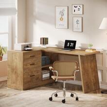 LITTLE TREE 55-Inch L Shaped Computer Desk With 3 Drawers, Corner Home Office Desk With Storage Shelves, Farmhouse Wood Executive Desk For Work Writing Sturdy, Gaming, Brown - 棕色 - 查看 6