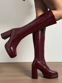 Plus Size Chunky Heel Riding Boots, New 2025 Autumn/Winter Women's High Heel Pointed Toe Side Zipper Boots,Burgundy Heels - Burgundy - View 4