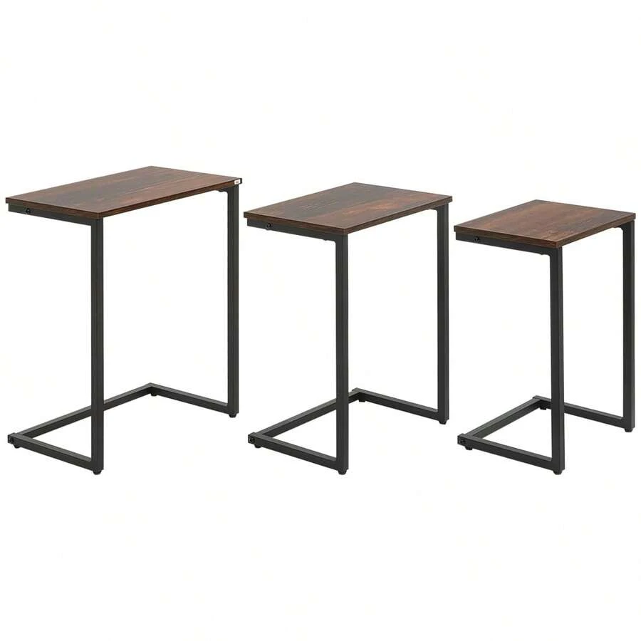 HOMCOM Set Of 3 C-Shaped Side Tables, Industrial Design, Space Saving With Steel Frame, Rustic Brown For Living Room