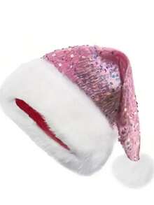 1 Stück Weihnachts-Paillettenkappe des Weihnachtsmanns - Doppellagige glitzernde Polyestermütze mit Plüschverzierung, Weihnachtsmütze, mit rotem Stoff und weißer Fellverzierung, geeignet als Weihnachtsparty-Accessoire und Feiertags-Dekoration, besonders für Zusammenkünfte und Neujahrsfeiern, nicht elastisch, nur von Hand waschbar, gestrickt, ohne Federn, geeignet als Erwachsenen-Feiertags-Kopfbedeckung