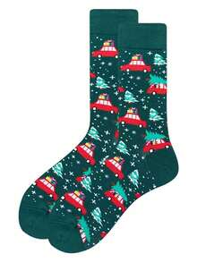 1 par de calcetines de media caña con estampado de coche de Navidad de dibujos animados, unisex, adecuados para Navidad - Multicolor - Ver 3