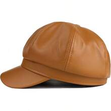 Women's PU Leather Newsboy Cap 8 Panel Paperboy Newsie Cap Bakerboy Beret Cabbie Hat, Fashionable Headwear - 焦糖 - 查看 4