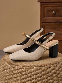 WHDXY 7cm Elegant Square Toe Chunky Heel Pumps, Shiny Apricot Color, Suitable For Party, Banquet, Wedding, Daily Wear - Apricot - View 2