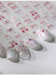 Luxury Crystal Diamond Nail Stickers, New 3D Nail Art Stickers, Embossed Bow Adhesive Nail Decorations, Nail Stickers, Press-On Nails - 粉色 - 查看 5