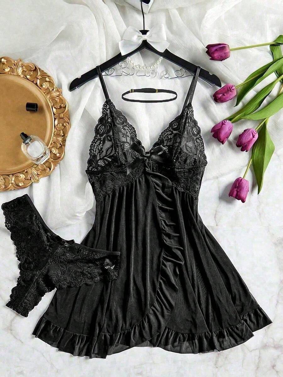 SOFUSEN 3 قطع/مجموعة ملابس داخلية نسائية مثيرة من الدانتيل بفتحة عميقة على شكل زهرة اللوتس، ملابس نوم مثيرة متعددة الاستخدامات للنوم والحمام والحفلات - الأسود - مشاهدة 1