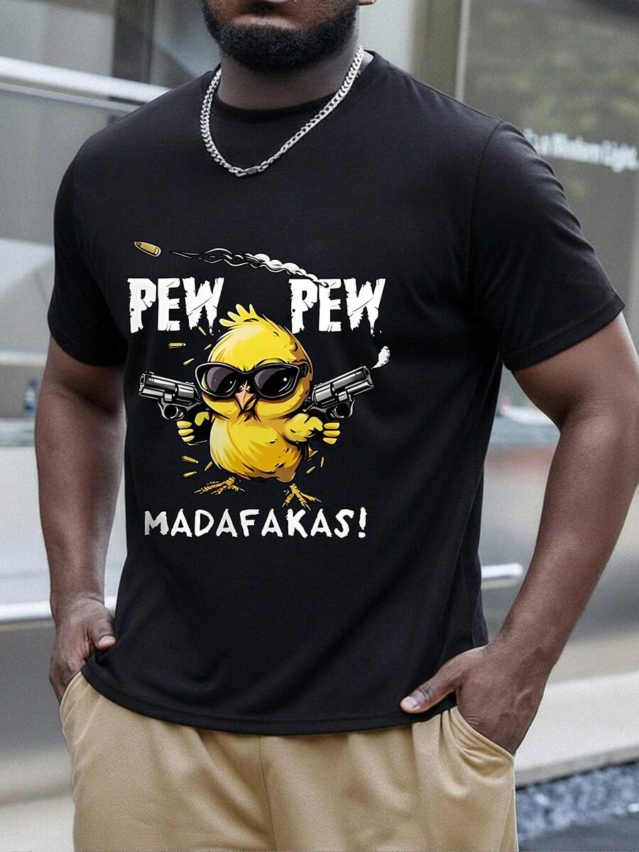Camiseta de cuello redondo casual para hombres multifuncional con estampado creativo de pollito con dos pistolas, lavable a máquina, ideal para deportes y atuendo casual en verano - Negro - Ver 1