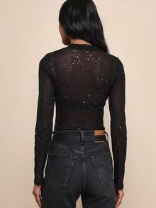 Women's Elegant & Fashionable Top, Sexy & Versatile Layering Mesh Stand Collar Long Sleeve T-Shirt, Suitable For Christmas, Thanksgiving, New Year Outfits - Black - View 4