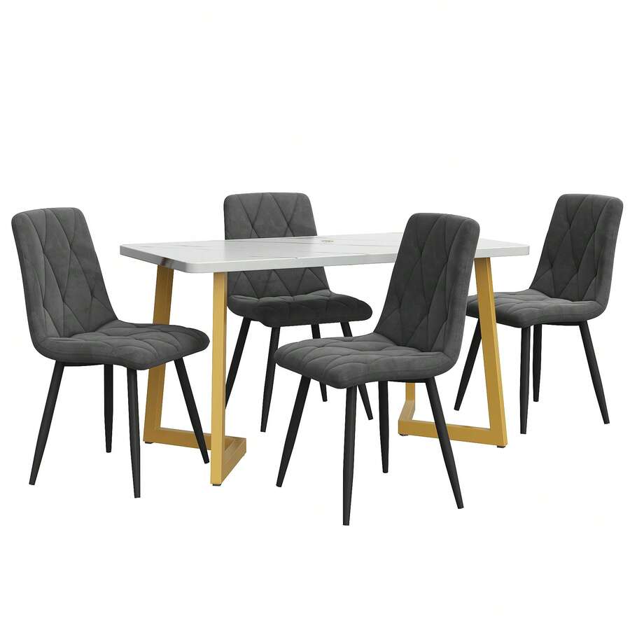Dining Room Set (Rectangular Table 117 X 68 Cm With 4 Chairs), Rectangular Table, Modern Kitchen Set, Dark Grey Velvet Twill Chair, Gold Table Legs - Grey - View 1