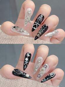 万圣节 10 件/套长杏仁形指甲贴，黑白扎染，金色金属星，新月，饰钉，蝴蝶，链条装饰，哥特朋克风格，适合角色扮演、派对、日常穿着，男女通用按压式指甲美甲用品