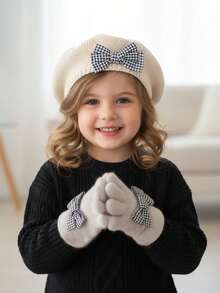 2pcs/Set Girls Knitted Beret Hat & Gloves Set, Elegant, Cute Artist Beret, Acrylic Yarn, Stylish Plaid Bow Design, Fashionable, Thin For Early Winter - 2pcs - View 13